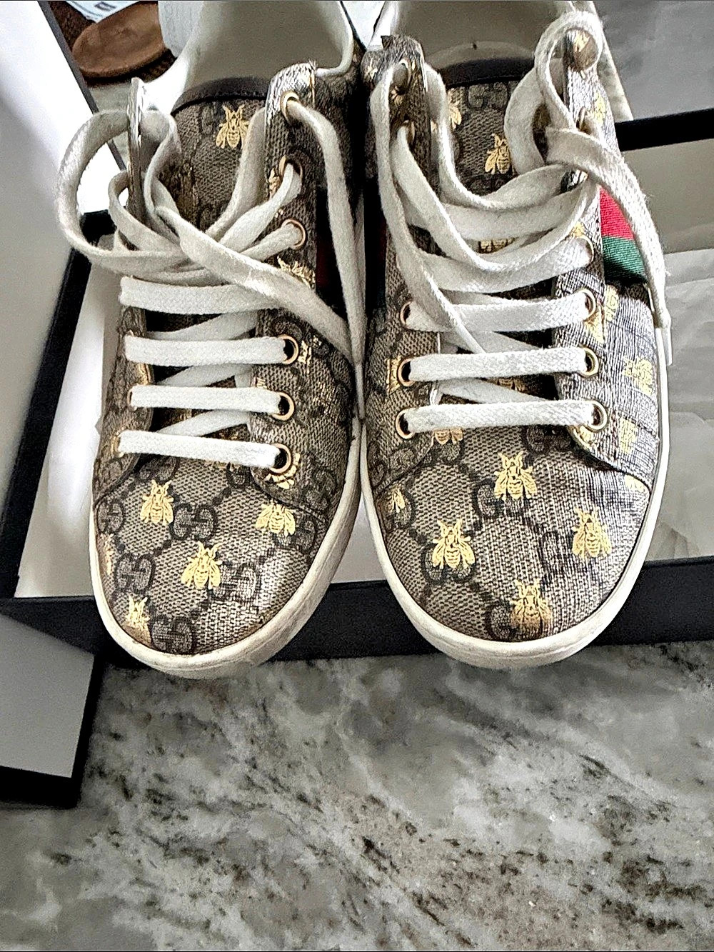 Gucci Ace GG Supreme Bee Sneaker Women's Monogram Sneakers in Brown & Green